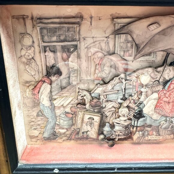 1966 Anton Pieck 3D Shadow Box Diorama "Flea Market" Framed Art Vintage - Picture 12 of 13